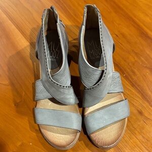 Miz Mooz Light Gray Leather Strap Sandals with decorative embossed details